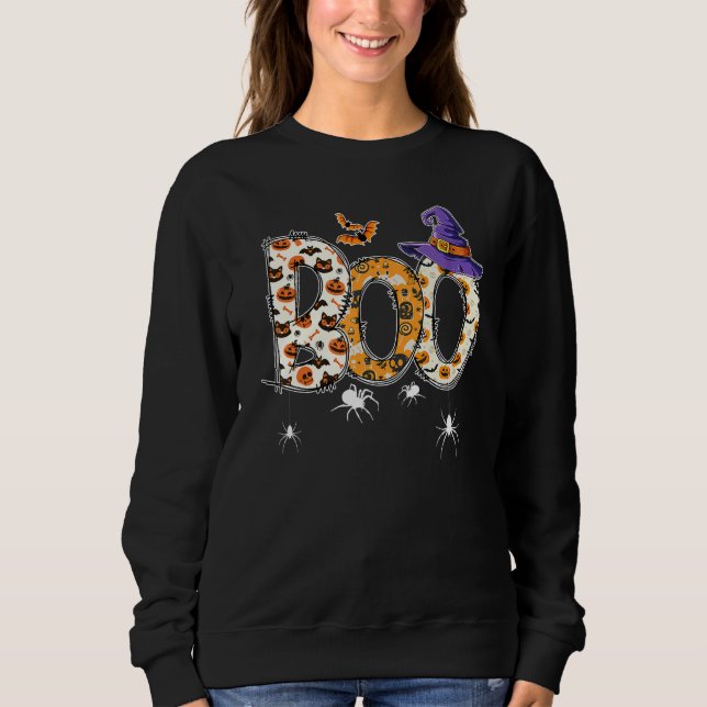 Boo With Spiders Witch Hat Halloween Costume Party Sweatshirt (Front)