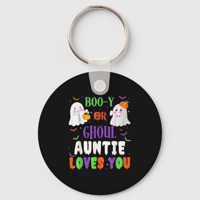 Boo-y Or Ghoul Auntie Loves You Boo Halloween Baby Key Ring (Front)
