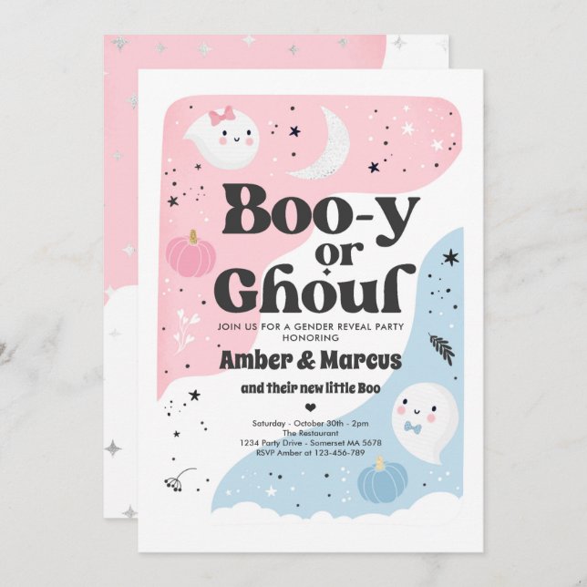 Boo-y or Ghoul Halloween Ghost Gender Reveal Party Invitation (Front/Back)