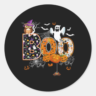 Boo y Owl Pumpkin Ghost Halloween Men Women Kids Classic Round Sticker