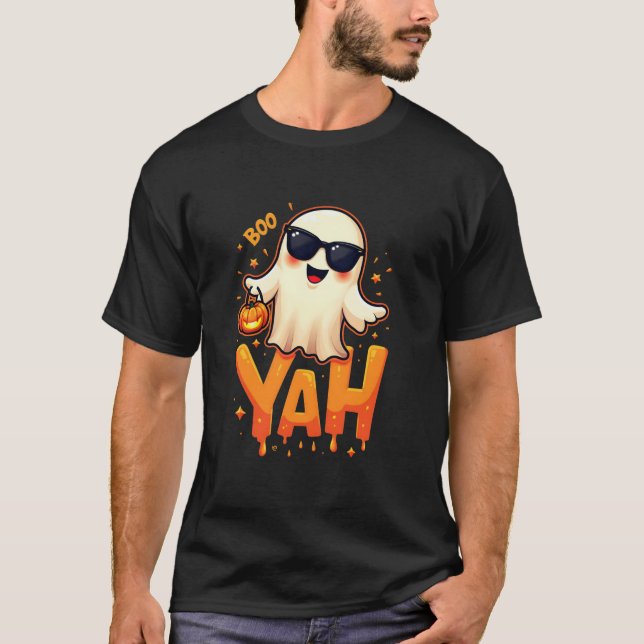 Boo Yah Cute Halloween Ghost With Pumpkin T Shirt (Front)