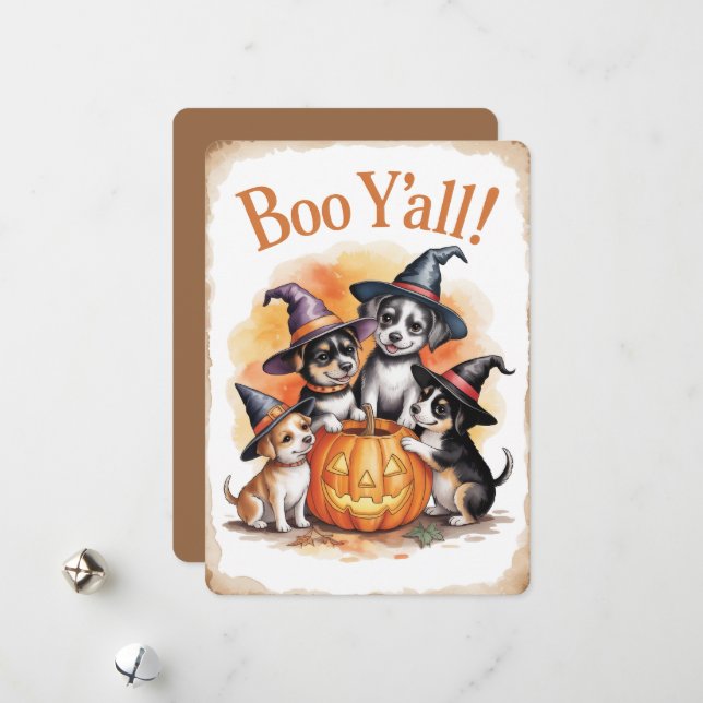 "Boo Y'all!" Cute Puppy Halloween Holiday Card (Front/Back In Situ)