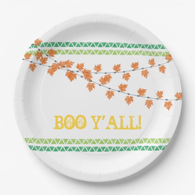 BOO Y'ALL Family Friendly Fall Leaves Halloween Paper Plate (Front)