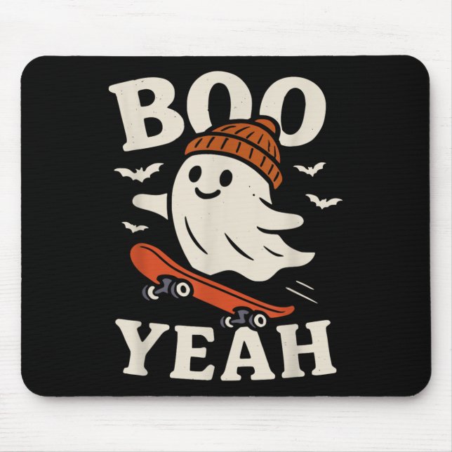 Boo Yeah Funny Ghost In Beanie Skateboard Hallowee Mouse Pad (Front)