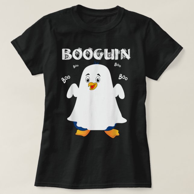 Booguin Halloween penguin in ghost costume funny T-Shirt (Design Front)