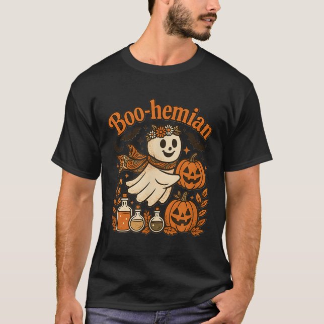 Boohemian Funny Retro Ghost Pumpkin Halloween Cost T-Shirt (Front)