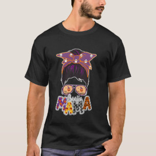 Boojie Mama Halloween Messy Bun Skull Mum Monster T-Shirt