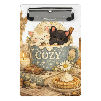 book, a mug, Teacup cats, Warm vibes, Cute pink s Mini Clipboard