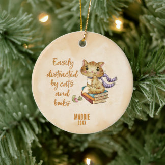 Book and Cat Lover Ceramic Ornament