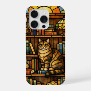 Book and Cat Lovers Faux Stain Glass iPhone 15 Pro Case