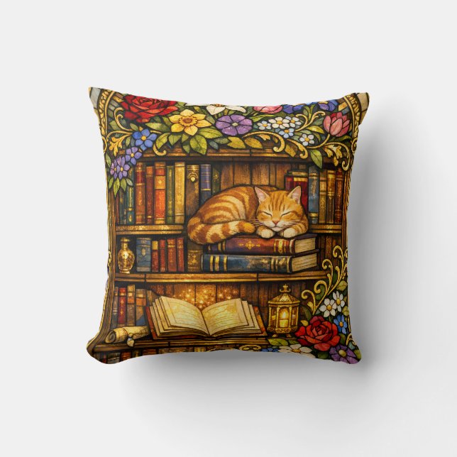 Book and Sleeping Cat Lovers Faux Stain Glass Cushion (Front)