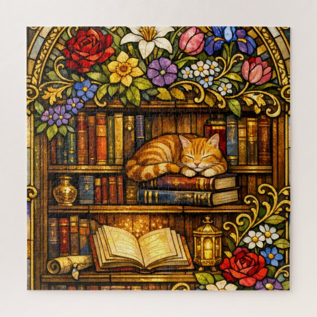 Book and Sleeping Cat Lovers Faux Stain Glass Jigsaw Puzzle (Vertical)
