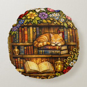 Book and Sleeping Cat Lovers Faux Stain Glass Round Cushion