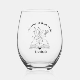Book and Wildflowers Custom Name and Club Stemless Wine Glass