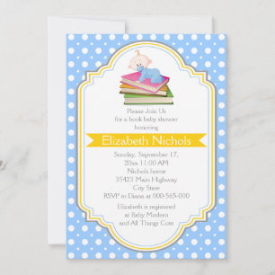 Book baby boy shower blue, white polka dot pattern invitation