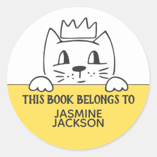 Book belongs to cute cat w/ crown yellow & white classic round sticker