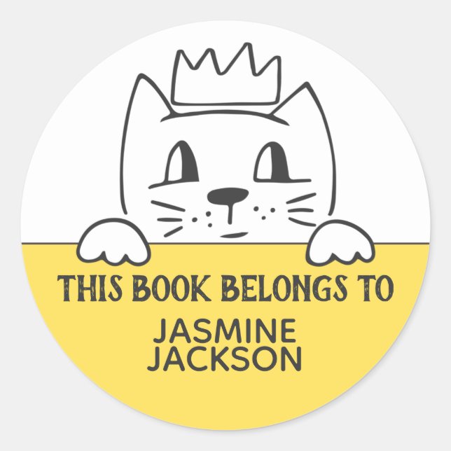 Book belongs to cute cat w/ crown yellow & white classic round sticker (Front)