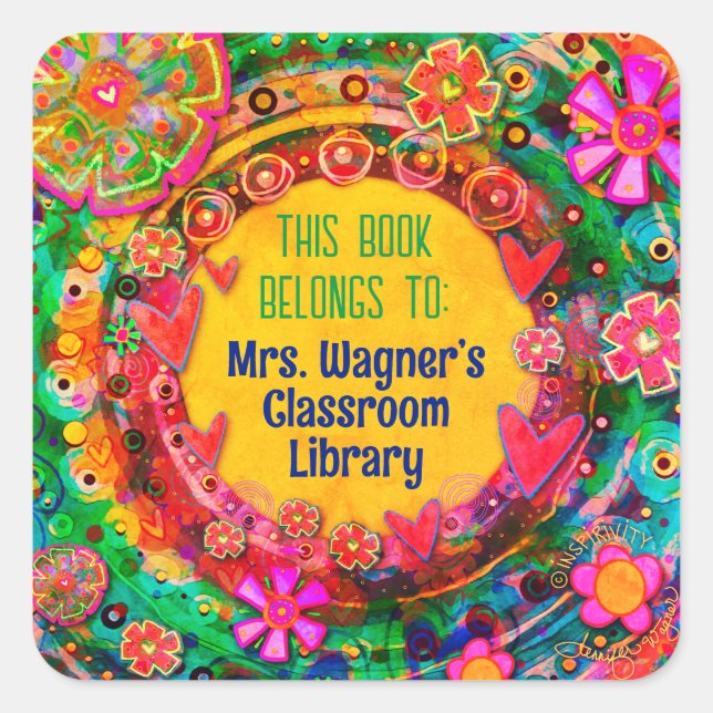 Book Belongs To Floral Custom Floral Teacher  Squa Square Sticker (Front)