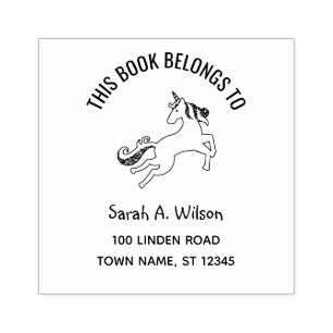 Book Belongs to Name Address Bookplate Unicorn Rubber Stamp