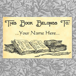 Book Belongs To Vintage Books Custom Bookplate Rectangular Sticker<br><div class="desc">This custom bookplate has room for your name in printed-style letters and art of vintage books and an old feather writing quill in antique etched art on a faux parchment background,  The top reads This Book Belongs To: in curly deco letters.</div>