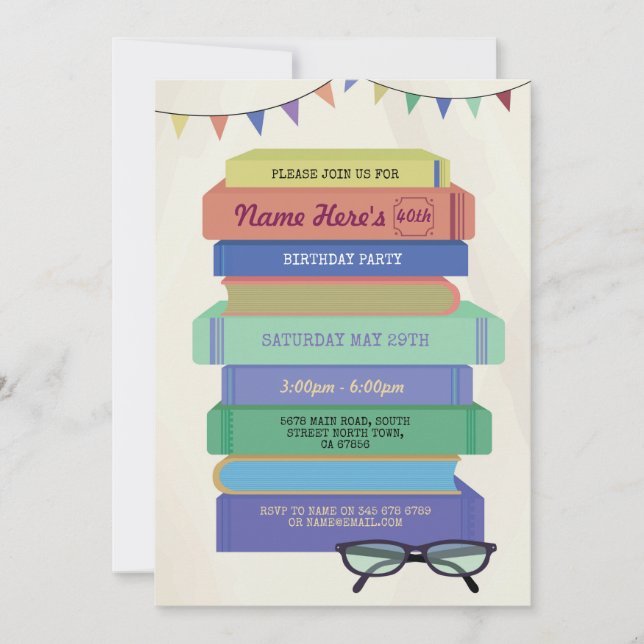 Book Birthday Library Invite Reading Stack (Front)