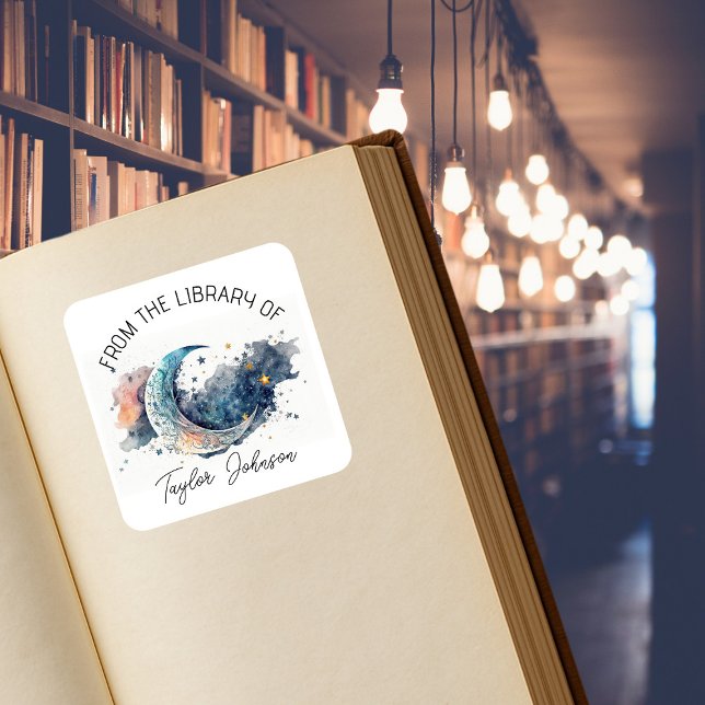 Book bookplate starry celestial night sky moon square sticker (Creator Uploaded)
