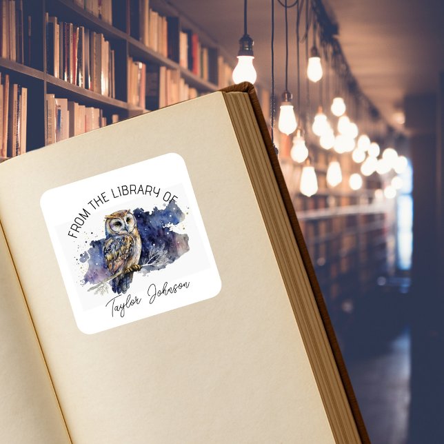 Book bookplate starry celestial night sky owl square sticker (Creator Uploaded)