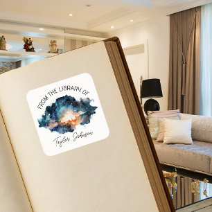 Book bookplate starry celestial night sky wood square sticker