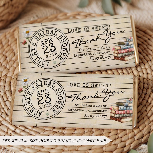 Book Bridal Shower Chocolate Bar Favour Wrapper (Love is sweet vintage watercolor library card books DIY bridal shower chocolate bar favor wrapper)