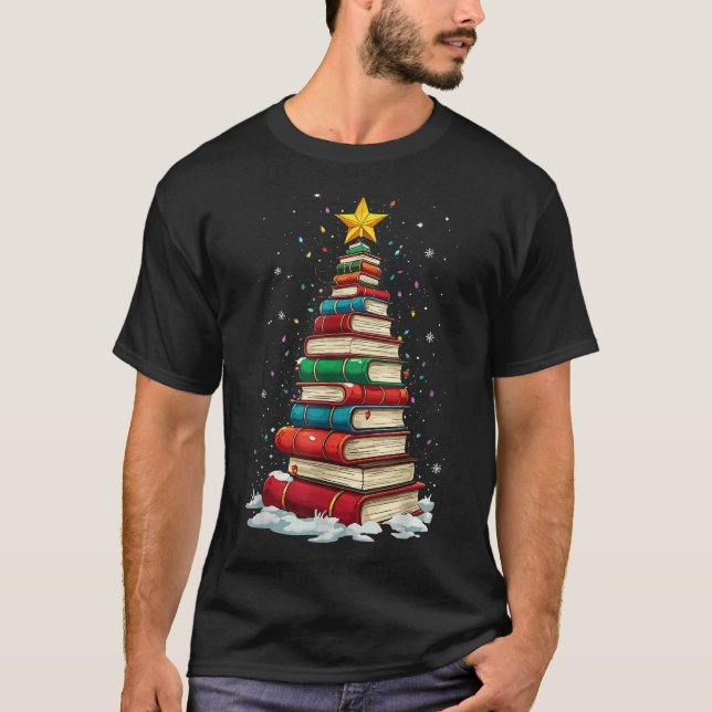 Book Christmas Tree Book Lover Teacher Librarian  T-Shirt (Front)
