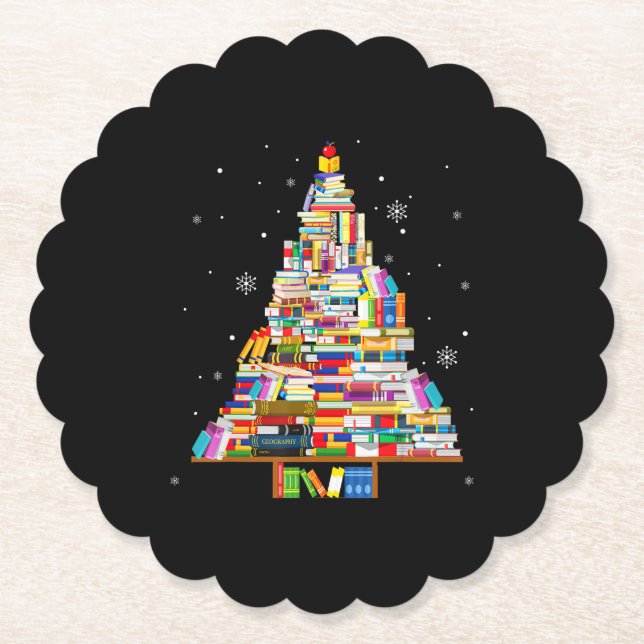 book christmas tree librarian book lovers xmas paper coaster (Front)