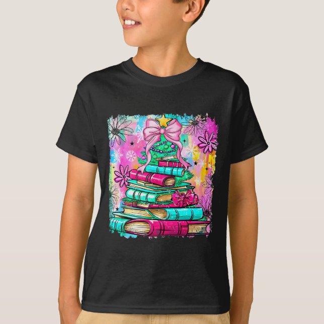 Book Christmas Tree Lights Teacher Librarian Book  T-Shirt (Front)