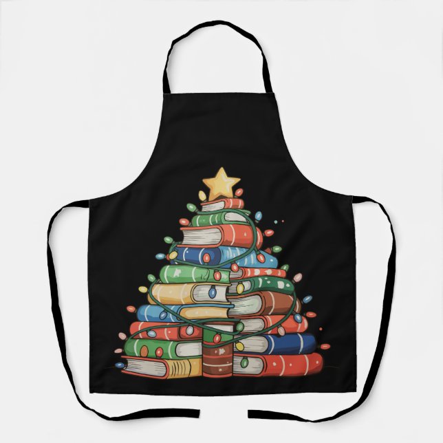 Book Christmas Tree Lights Teacher Librarian Read Apron (Front)