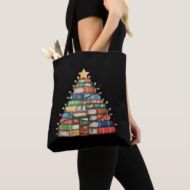 Book Christmas Tree Lights Teacher Librarian Read Tote Bag (Close Up)