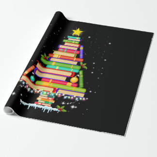 book christmas tree  merry christmas librarian wrapping paper