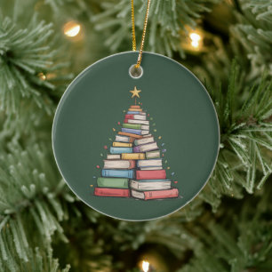 Book Christmas Tree Retro Bookworm Library Ceramic Ornament