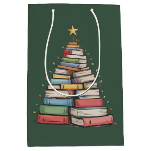 Book Christmas Tree Retro Bookworm Library Medium Gift Bag