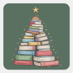Book Christmas Tree Retro Bookworm Library  Square Sticker