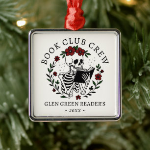Book Club Name Christmas Reading Skeleton Floral Metal Ornament