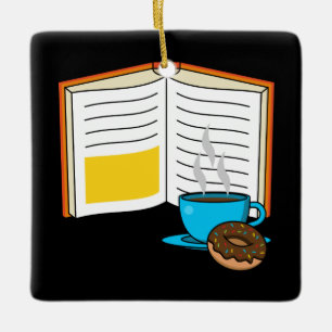 Book Coffee and Doughnut Cartoon Ceramic Ornament