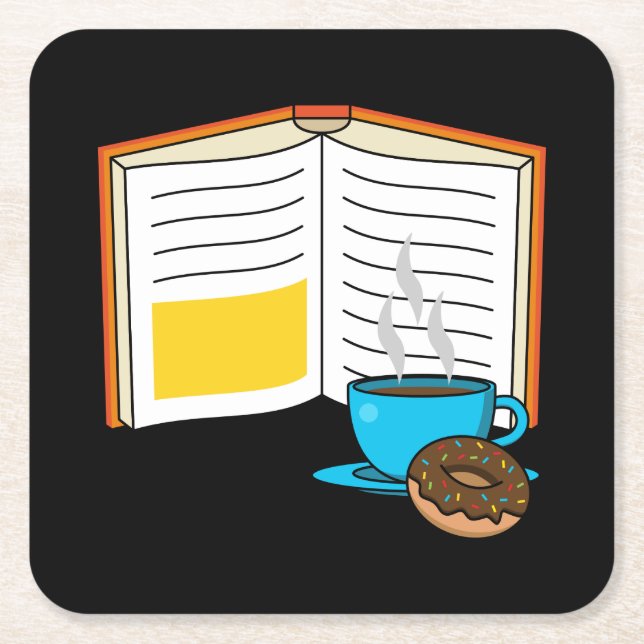 Book Coffee and Doughnut Cartoon Square Paper Coaster (Front)