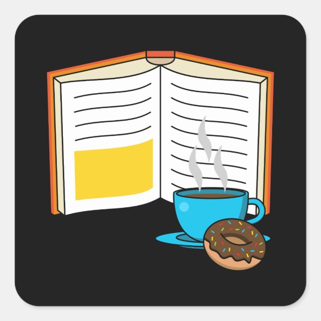 Book Coffee and Doughnut Cartoon Square Sticker (Front)
