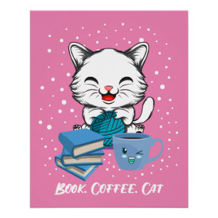 Book Coffee Cat Glossy Poster