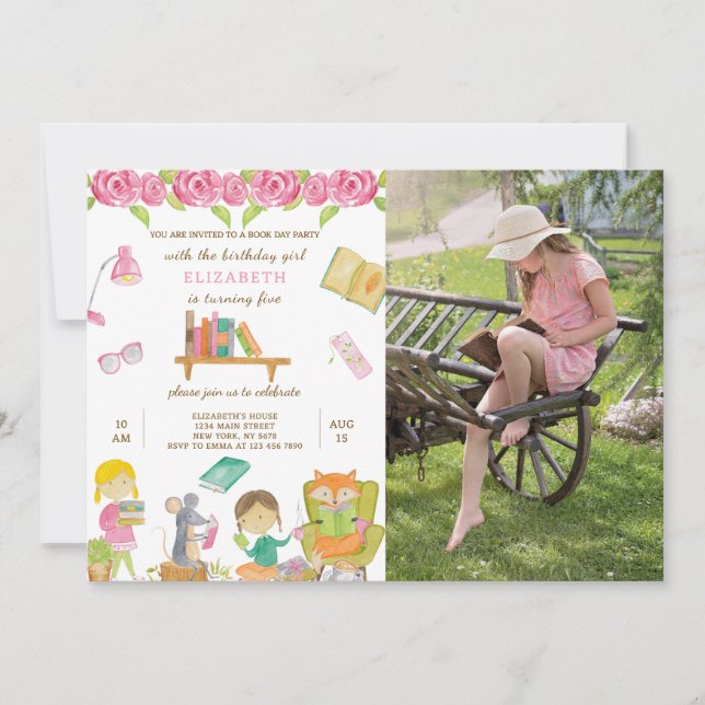 Book Day Birthday Invitation With Photo (Front)