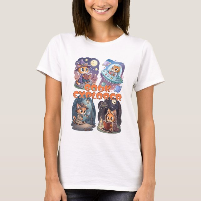 Book Explorer – Cute Cat Reading Adventure T-Shirt (Front)
