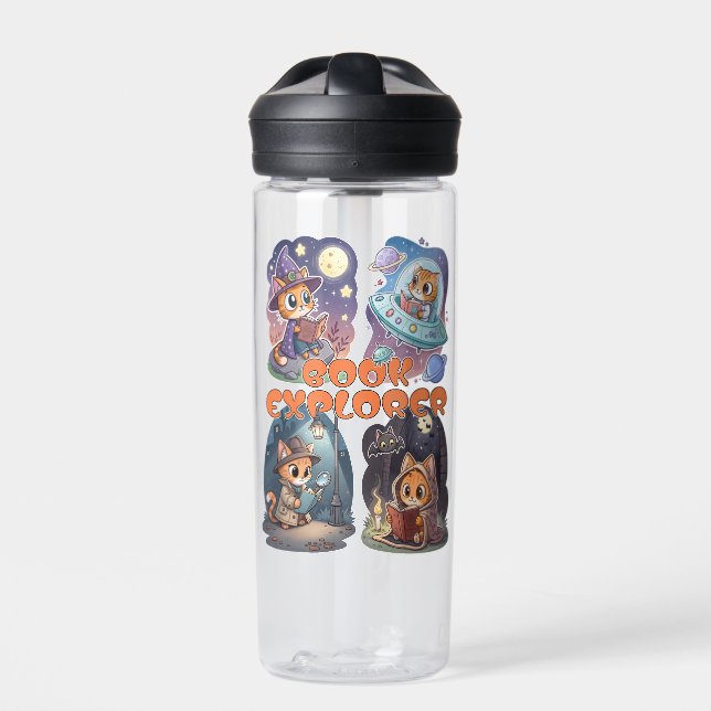 Book Explorer – Cute Cat Reading Adventure Water Bottle (Front)