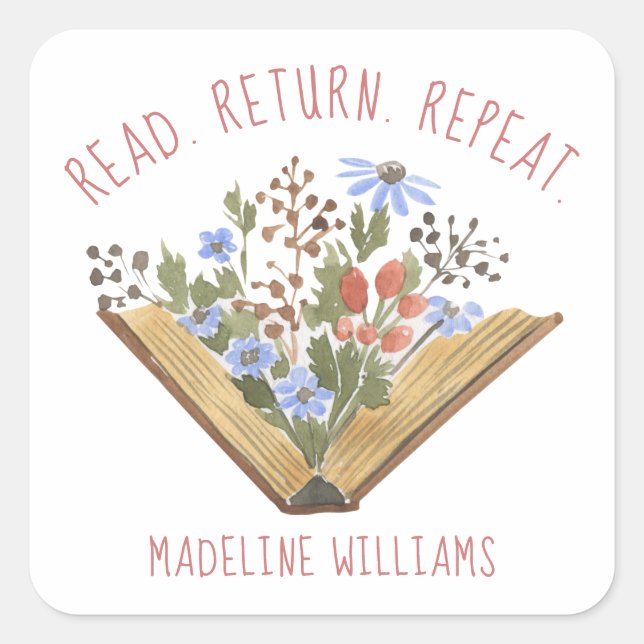 Book Floral Read Return Repeat Bookplate Label (Front)
