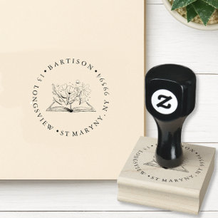 BOOK floral ROUND RETURN ADDRESS RUBBER STAMP