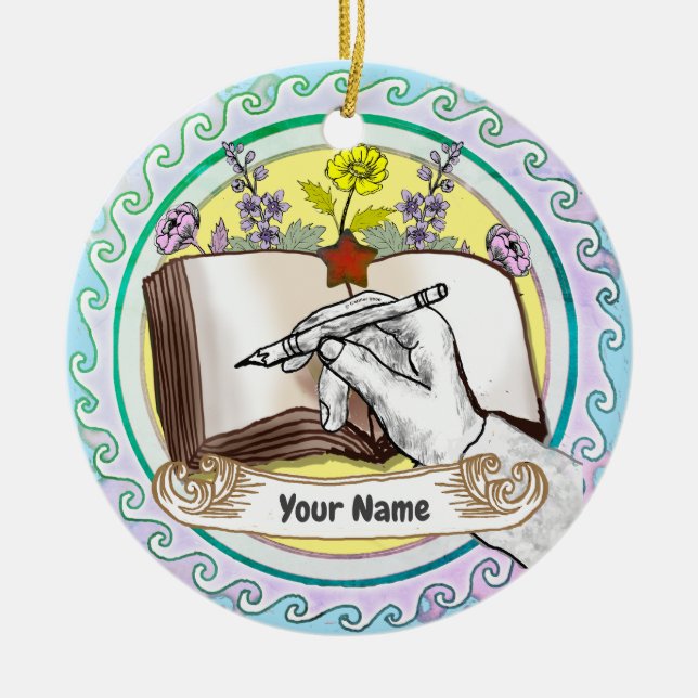 Book Hand Flowers Ceramic Ornament (Front)