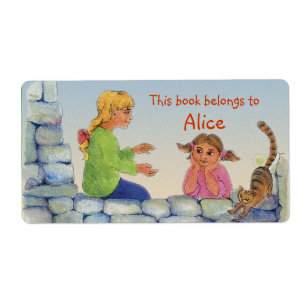 Book Labels with two girls and cat
